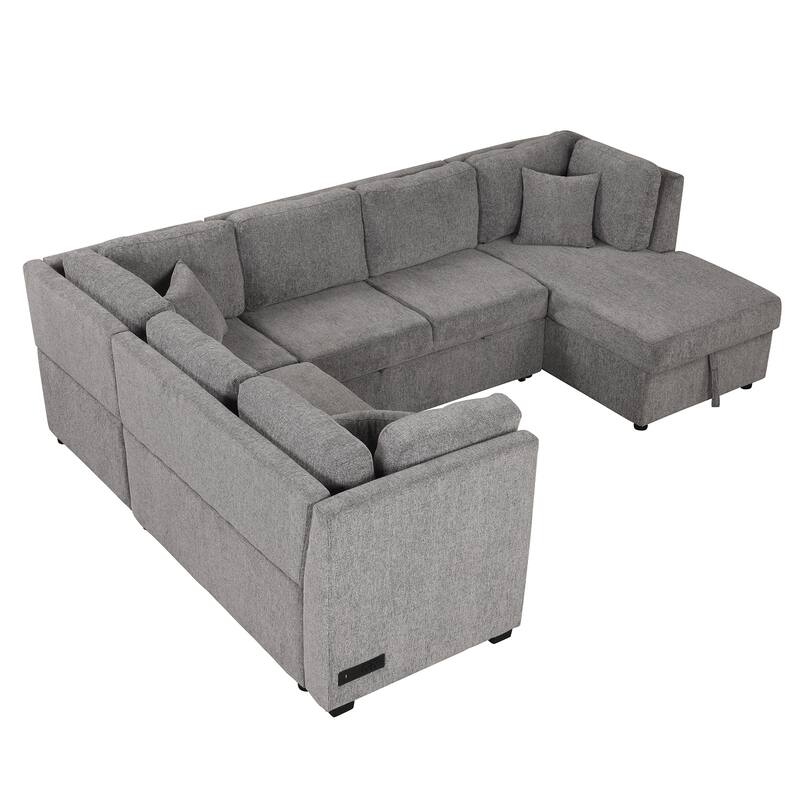 U-shaped Sectional Sofa Pull out Sofa Bed with Two USB Ports, Two Power Sockets, Three Back Pillows and a Storage Chaise