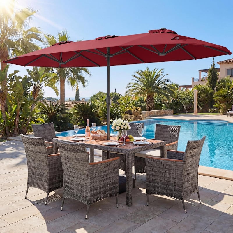 Gymax 8-Piece Patio Dining Set w/ Double-Sided Market Umbrella Acacia