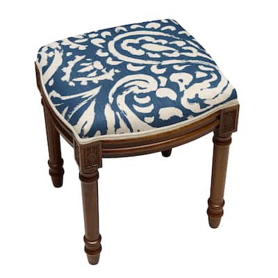 Navy Blue Paisley Vanity Stool with wood stained finish