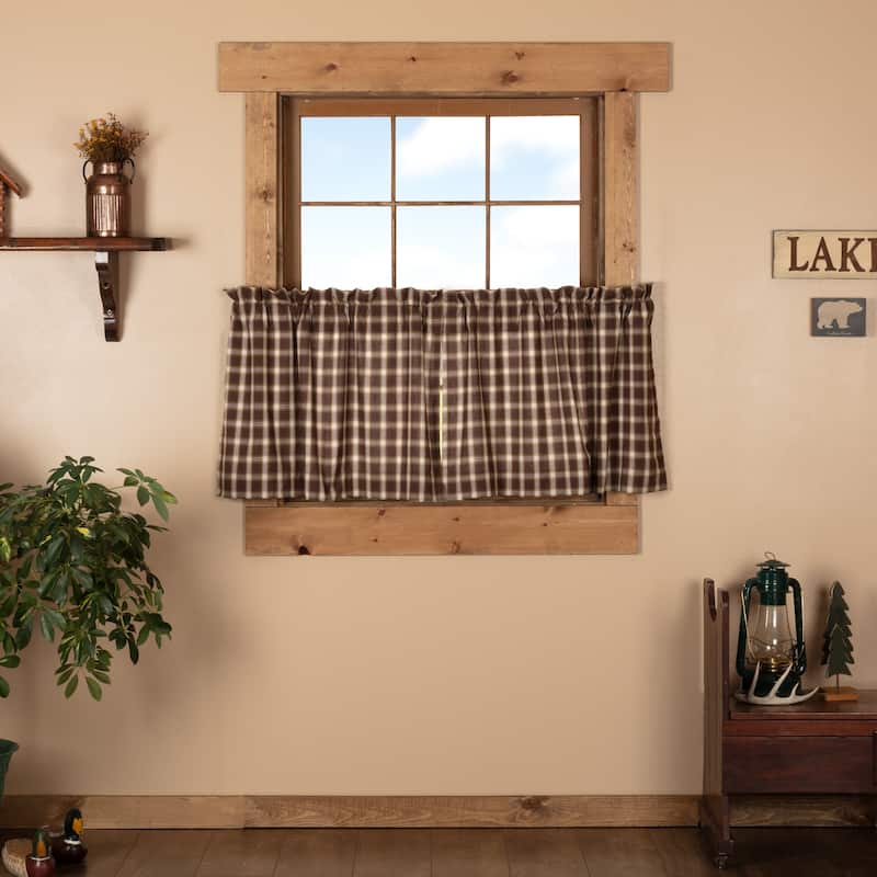 Brown Rustic Kitchen Curtains VHC Rory Tier Pair Rod Pocket Cotton Plaid - 24x36