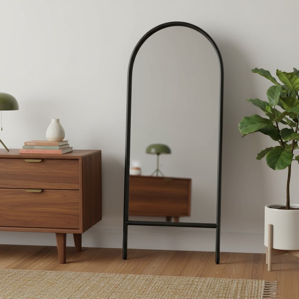 HomeRoots 71" Black Solid Wood Arch Freestanding Framed Full Length Mirror - 31.00 in. x 71.00 in. x 0.79 in.