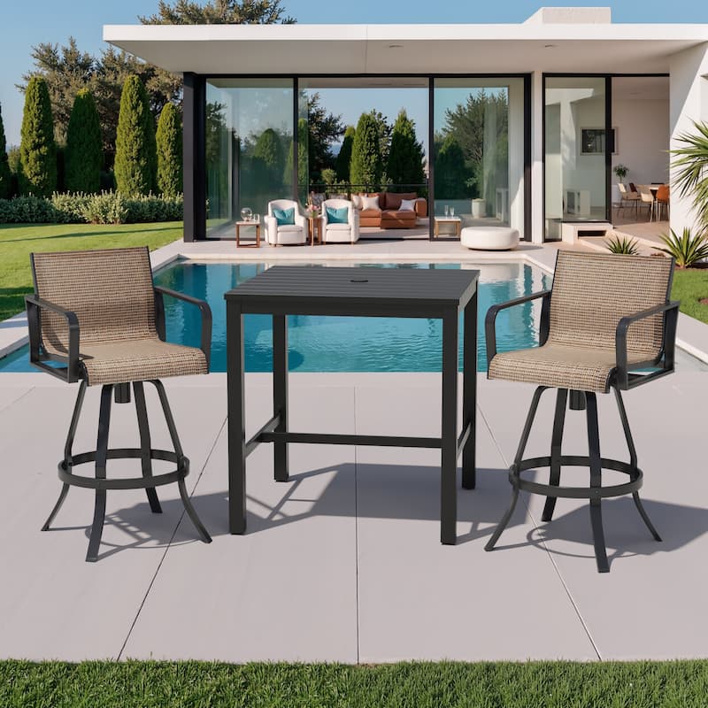 3/5-Piece Outdoor Bar Stools Set Cast Aluminum Sunbrella Swivel Bar Stools and Table - Brown - Set of 3