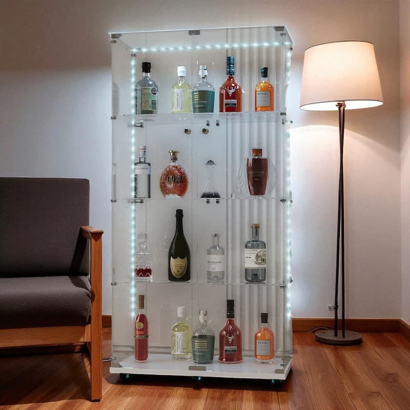 Tempered Glass Display Cabinet with Bluetooth LED Lights, Locking Casters, Wine and Curio Storage Cabinet - White