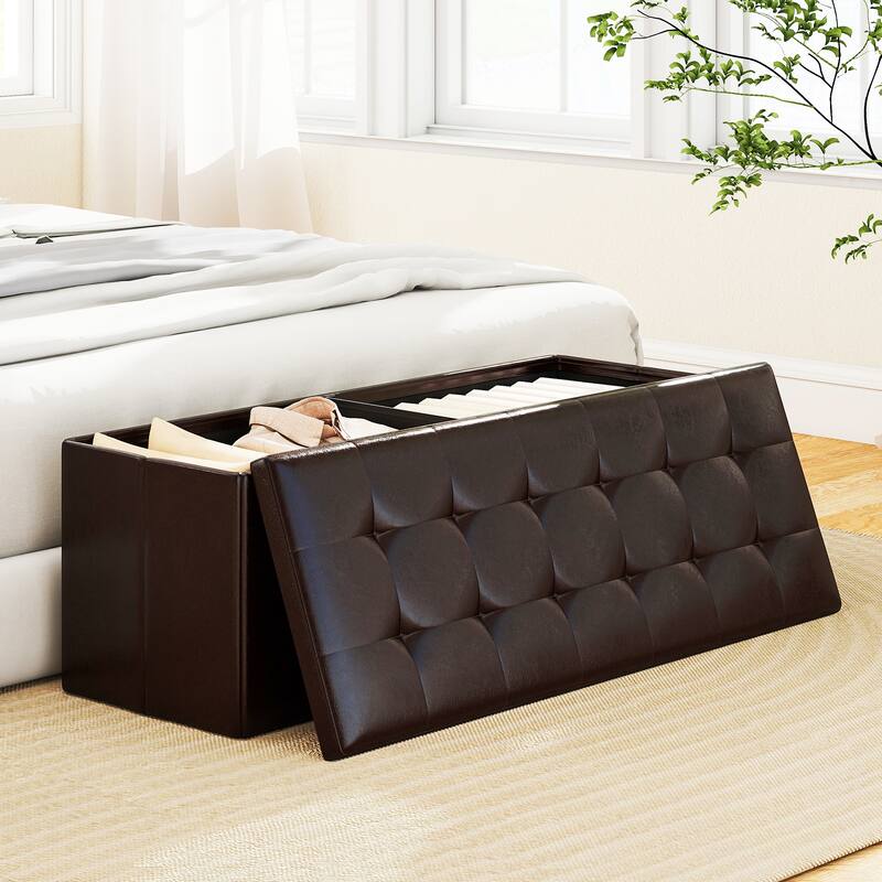 43 Inch PU Leather Storage Ottoman Bench with 38 Gallon Capacity Removable Divider and Foam Cushion for Living Room Entryway