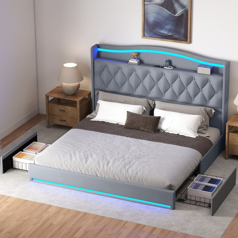 Moasis Queen Size Velvet Upholstered Bed Frame with 4 Storage Drawers & RGB Lights - Grey - King