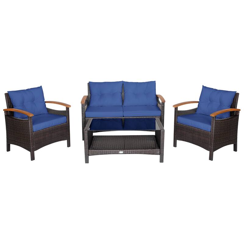 4 PCS Patio Conversation Set Rattan Sofa Set with Coffee Table