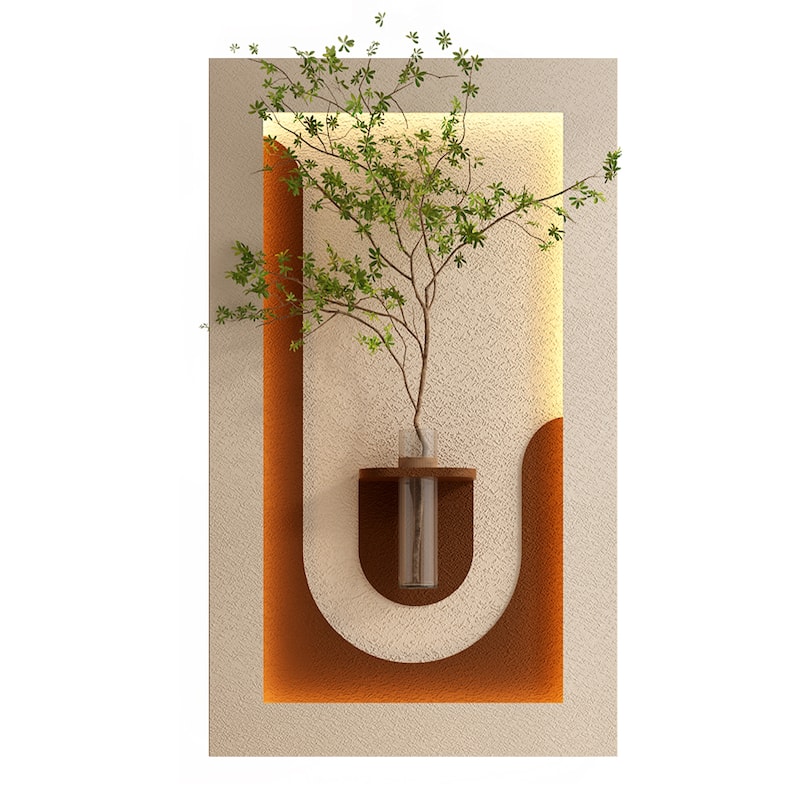 Adjustable 3-Color LED Sandstone Wall Decor with Simulated Green Plants, Glass Vase & Rabbit Statue, Remote Control Light Strips
