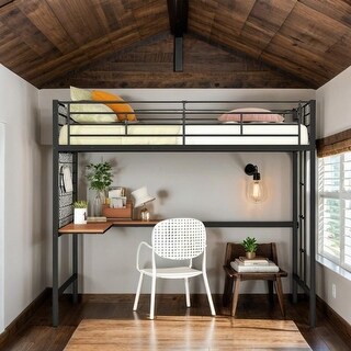 Full Metal Loft Bed with Desk and Metal Grid, Space-saving, Black