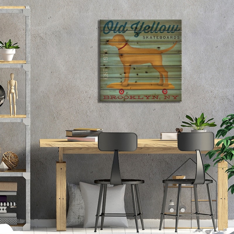 Golden Dog On Skateboard Print On Wood by Ryan Fowler - Multi-Color