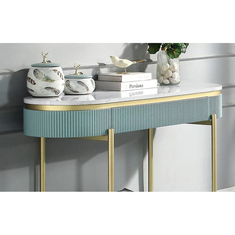 Glam Contemporary Light Teal 1pc Sofa Table White Faux Marble Top Living Room Side Table Open Bottom Shelve