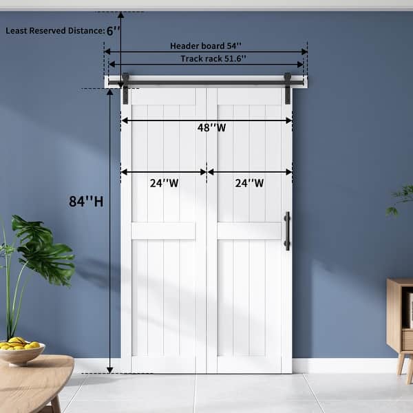 dimension image slide 5 of 9, Sanding 24in./28in./30in./36in./44in./48in.x 84in. MDF Bi-Fold Barn Door with Hardware Kit ,Covered with Water-Proof PVC Surface