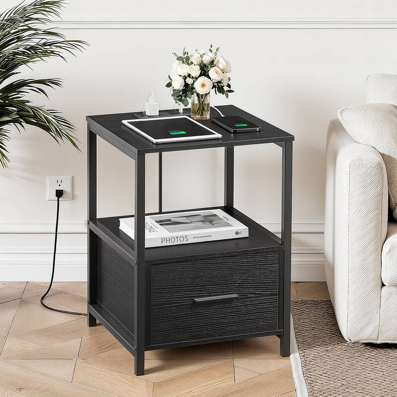 VECELO 2-Pack Nightstand Set with Charging Station 2 USB & 2 AC Outlets Compact End Table for Small Spaces (Set of 2)