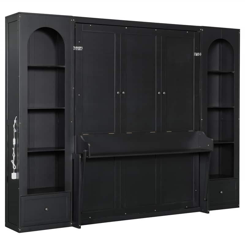 Queen Size Murphy Bed Wall Bed with LED Light, 2 Drawers and Side Cabinets, Foldable Murphy Cabinet Bed with Storage Shelves
