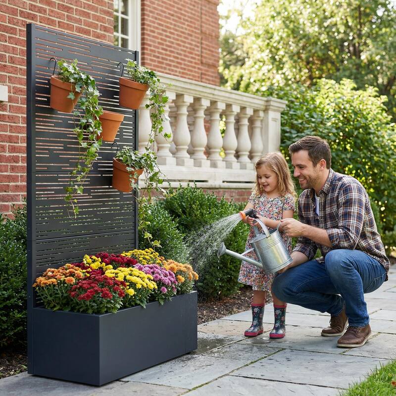 Metal Galvanized Planter Box with Trellis Privacy Screen Lockable Wheels