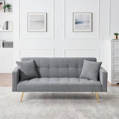 71.7 inch Grey Teddy Fleece Sofa Bed with Two Pillows