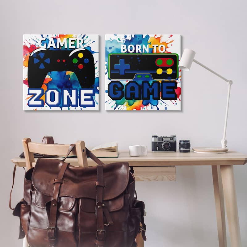 Stupell Gamer Zone on Splash Canvas Wall Art Design By Kim Allen (Set of 2)