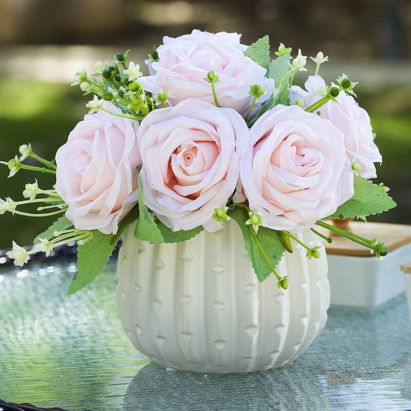 Enova Home Mixed Artificial Silk Roses Fake Flowers Arrangement in White Ceramic Pot for Home Office Decoration