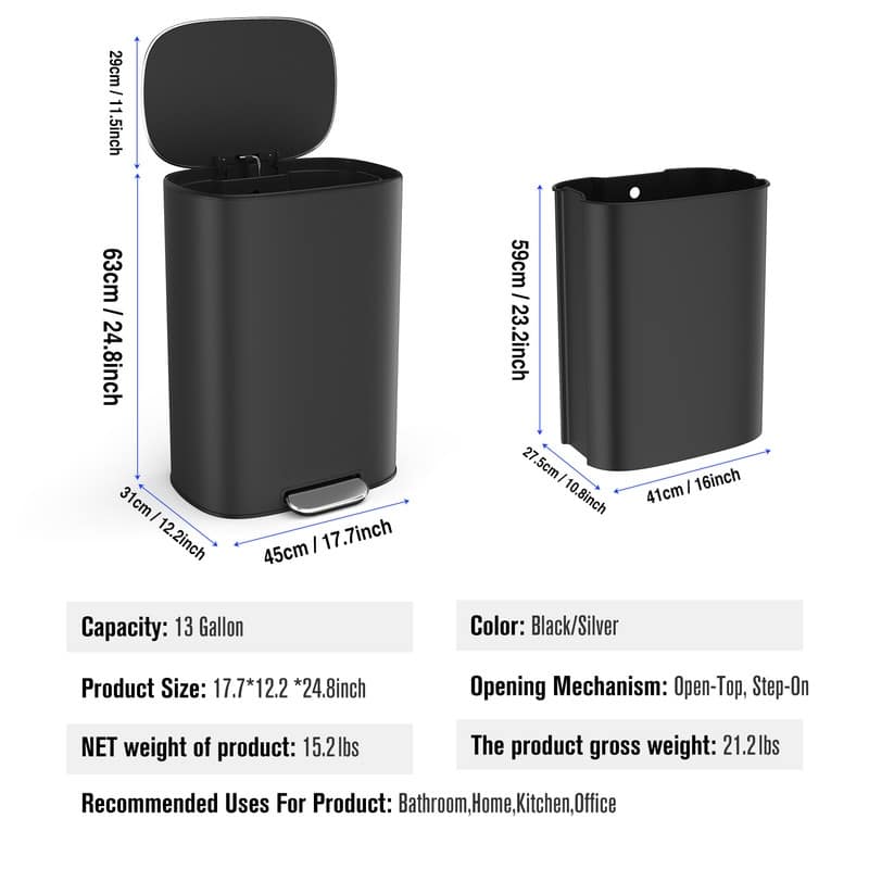 Black Grey 13 Gallon 50L Step-on Kitchen Trash Can with Soft Close for Home,Office