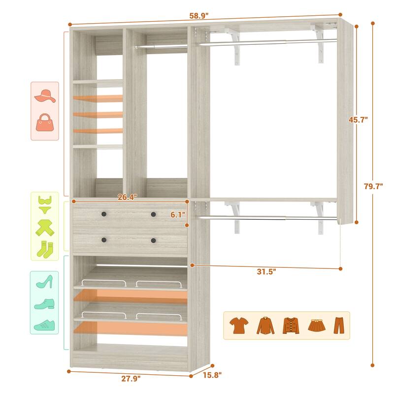 Grimm 5FT Small Closet System with Drawers, 60" Closet Organizer System with Reversible Hanging Shelving