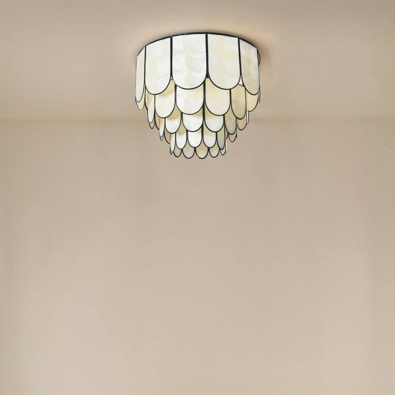 Capiz and Metal Flush Mount Ceiling Light - 14.0"L x 14.0"W x 12.0"H