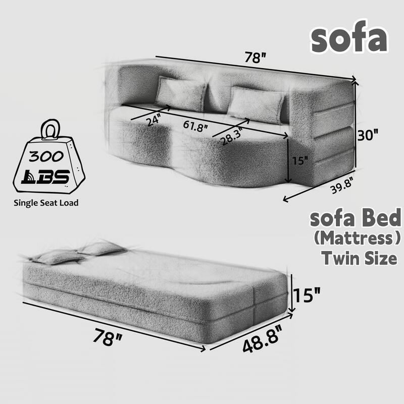 Modern Floor Sofa with 2 Pillows,Convertible Teddy Fabric Foam-Filled Sleeper Sofa Bed - Light Grey