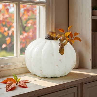 Glitzhome 8.5"D Golden White Handblown Glass Pumpkin Fall Harvest Thanksgiving Decorations - 9"D