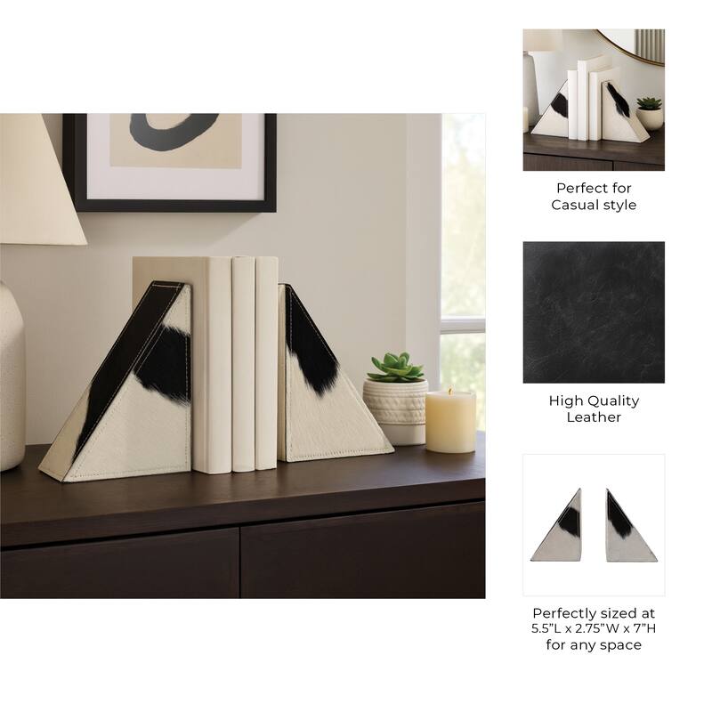 Decorative Leather Cow Print Bookends - Set of 2, 7", Black and White - 7.0"