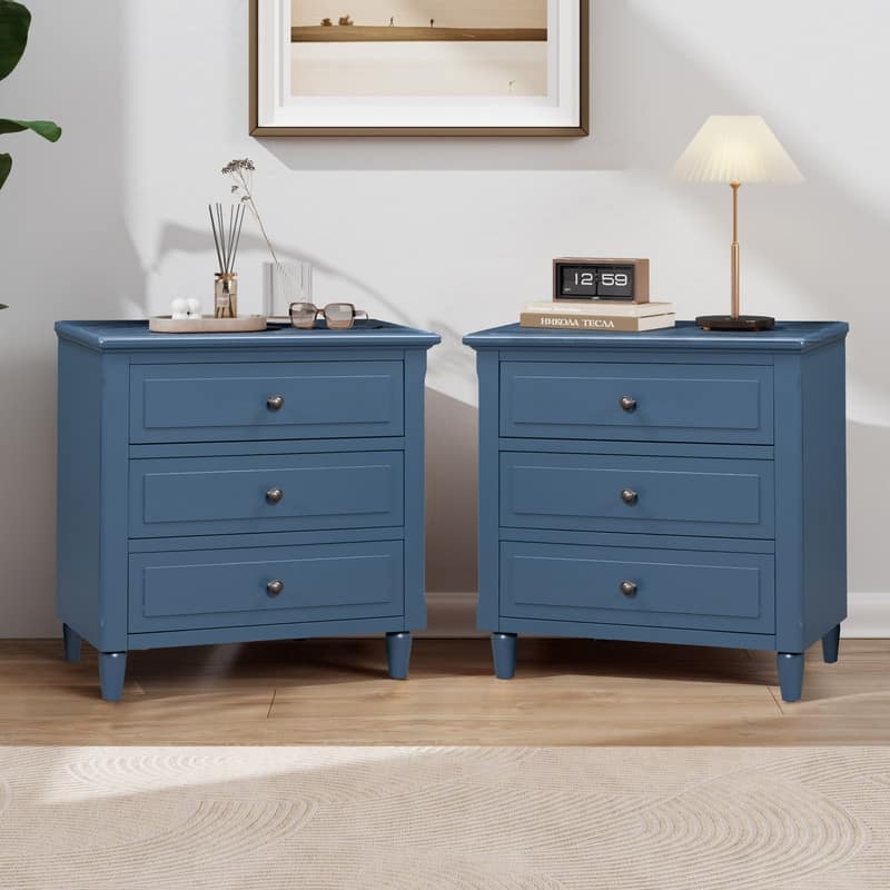 Elegant 3-Drawer Nightstand (Set of 2) Storage Cabinet Crafted from Solid Wood for Bedroom Organization