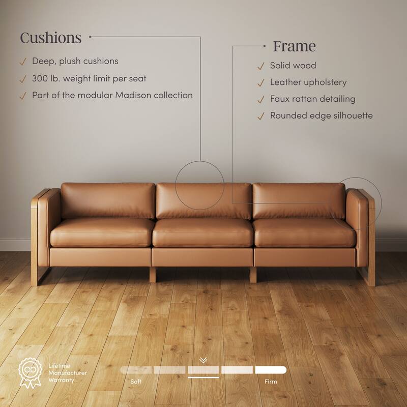 Madison Modern Upholstered Modular Sofa or Couch for Living Room with Solid Wood Legs - 3-Seater Sofa - Camel/Light Brown/Rattan