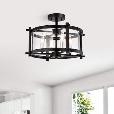 Sania Matte Black 4-Light Caged Clear Glass Shade Semi-Flush Mount