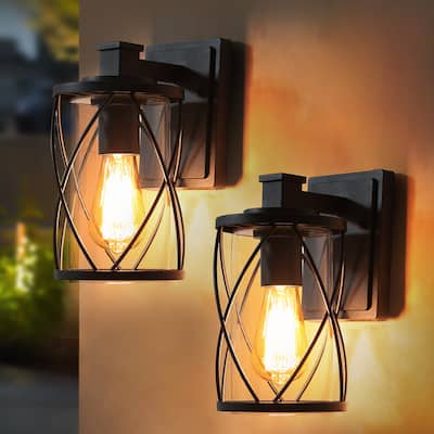 2 Pack Modern Black Indoor/Outdoor Sconce Farmhouse Cage Frame Cylinder Shade LED Patio Wall Lantern