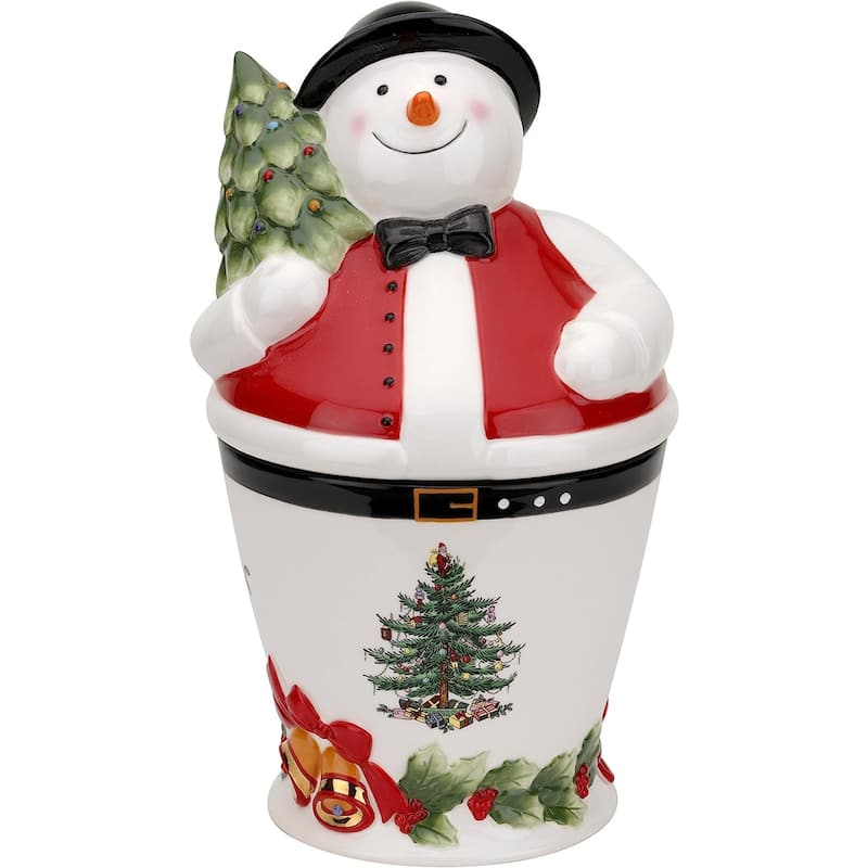 Spode Christmas Tree Mr Snowman Cookie Jar - 4.25" D x 10" H - 4.25" D x 10" H