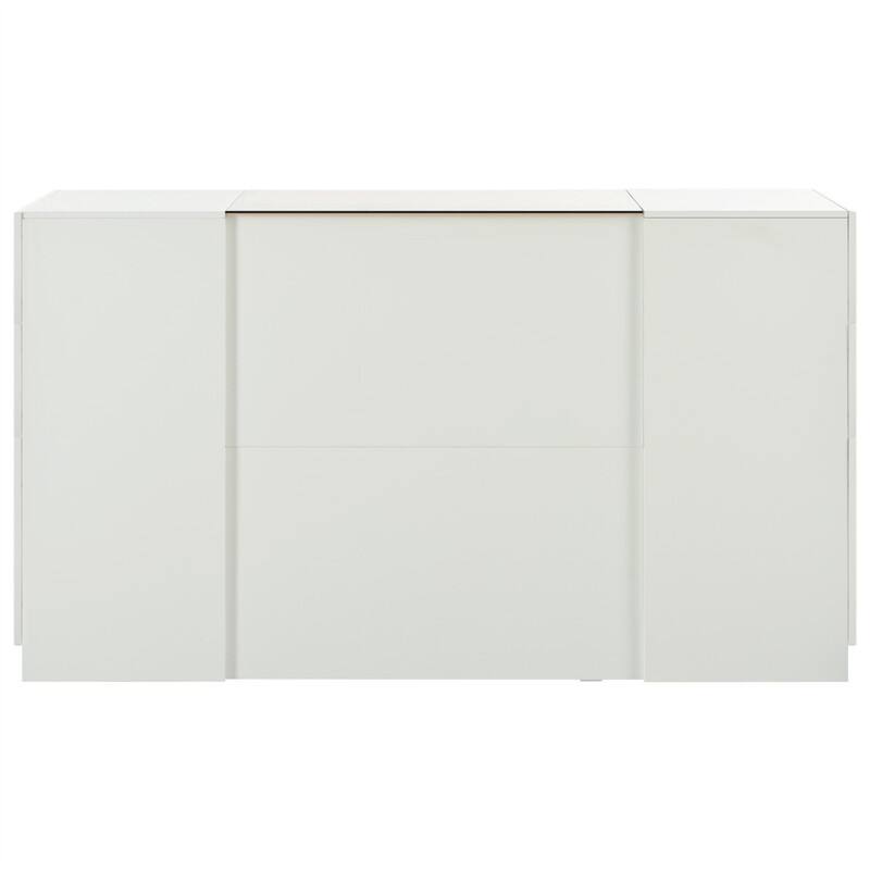 Modern Luxury Multi-Functional Island Vanity Dresser and Storage Cabinet with Glass Tabletop, Display Shelf and 6 Drawers