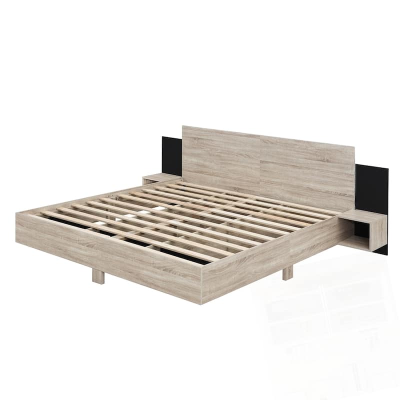 Wooden Floating Platform Bed, with LED Lights and Bedside Nightstand