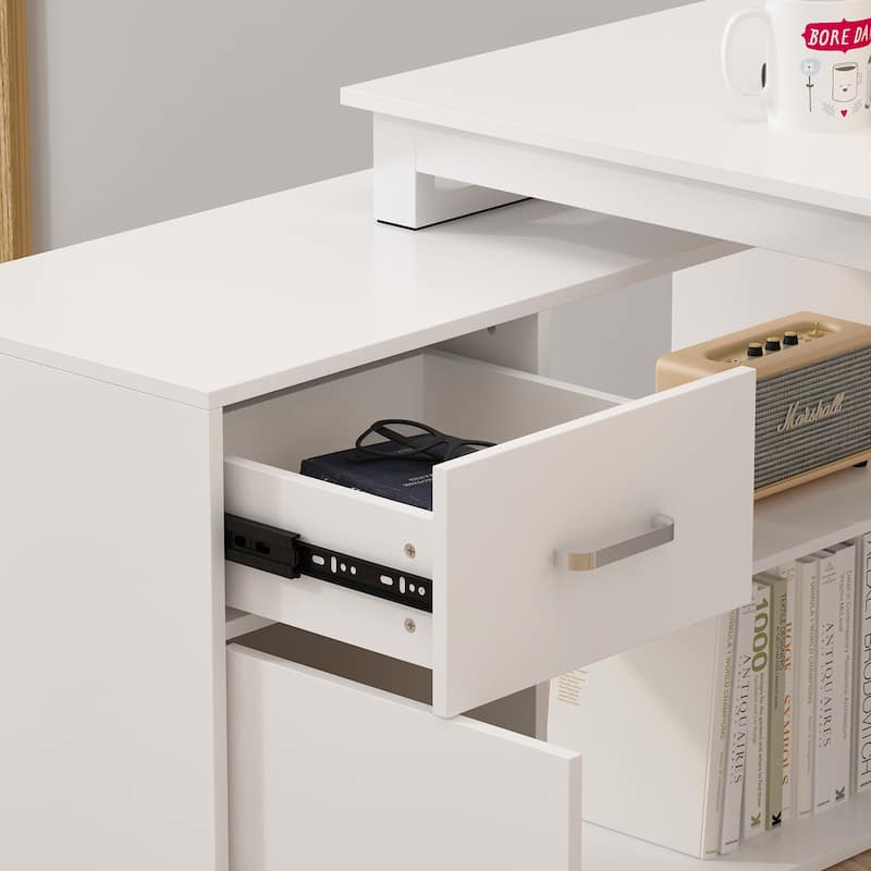 Timechee 55-inch L Shaped Office Computer Desk w/ Drawers Cabinet, White