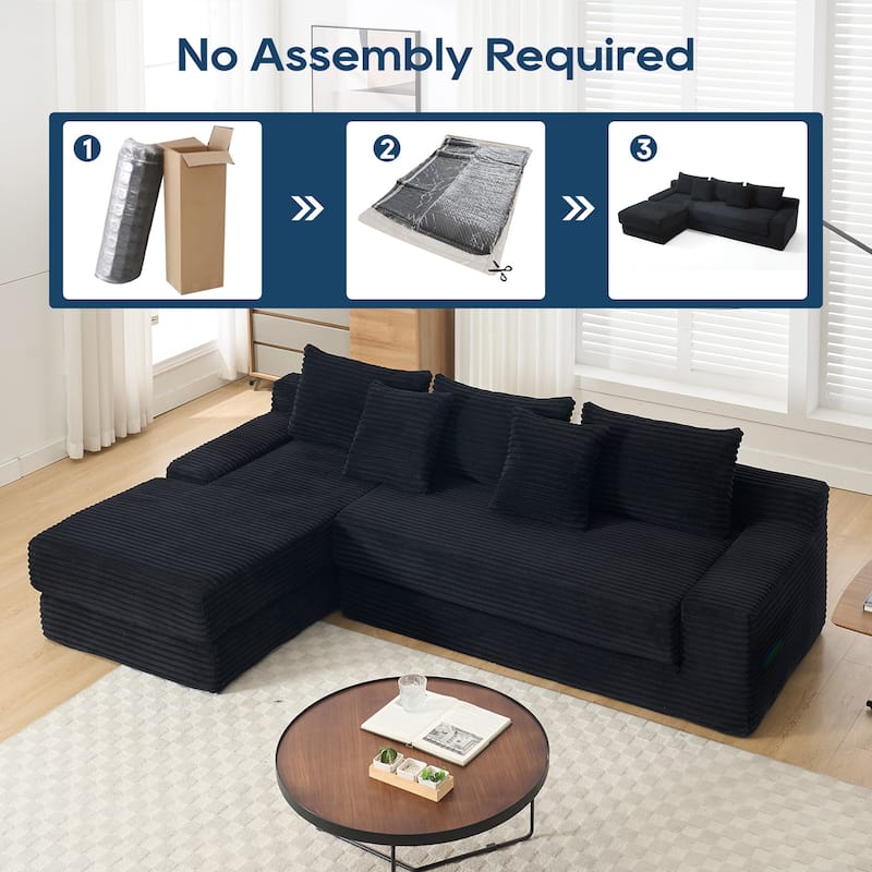 L-shaped Sectional Sofa with Chaise Lounge Convertible Full Size Floor Bed, Corduroy Memory Foam Compression Couch