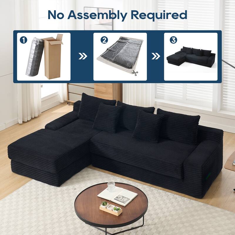 Light Corduroy L-Shaped Sectional with Memory Foam, Sofa Bed