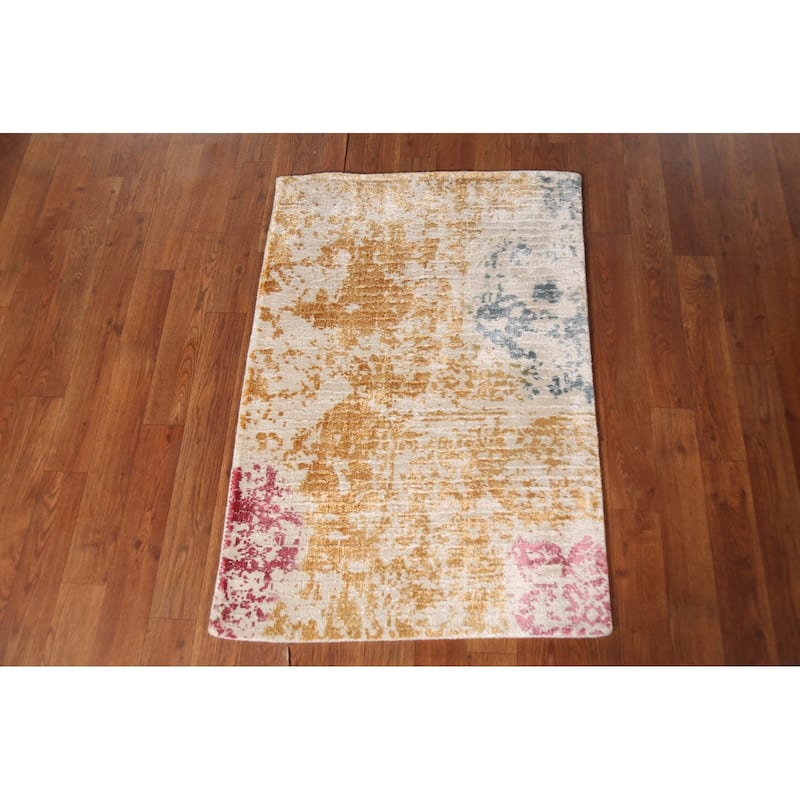 Gold Abstract Contemporary Foyer Rug Hand-Knotted Wool Carpet - 2'0"x 3'0"