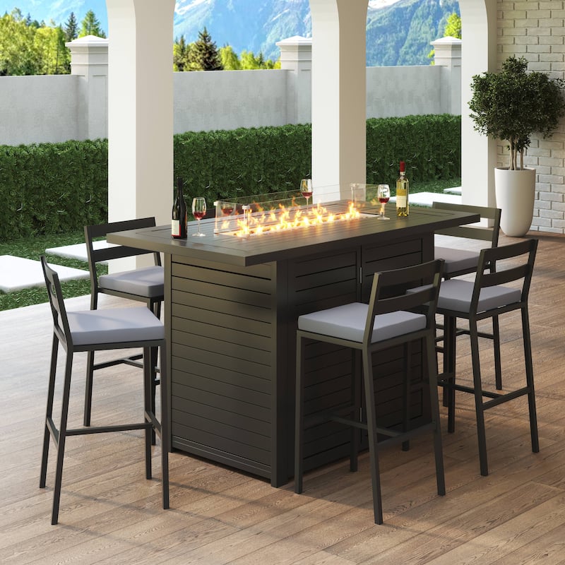 7-Piece Outdoor Patio Bar Height Dining Set in Aluminum with Rectangular Fire Pit Table and 6 Barstool