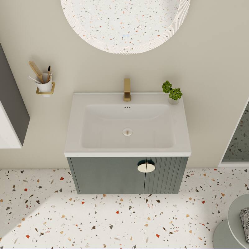 Floating Bathroom Vanity Cabinet with Pre-Drilled Ceramic Sink and Multiple Handle Options - 27.75in L