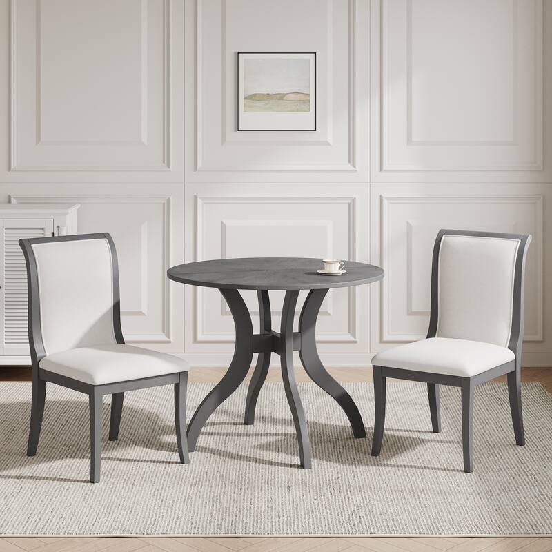 3 Piece Traditional Dining Room Table Set, 39.4" Round Table with 2 Chairs, Solid Wood Kitchen Table Set with Curved Legs - Grey+White