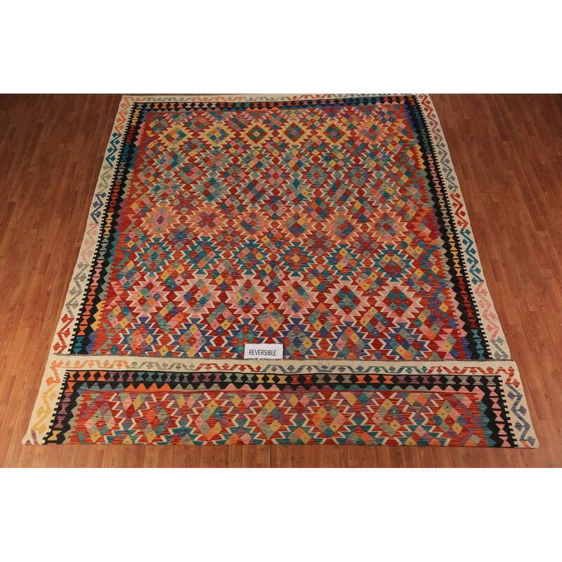 Geometric Kilim Oriental Area Rug Hand-Woven Tribal Orange Wool Carpet - 10'1"x 12'11"