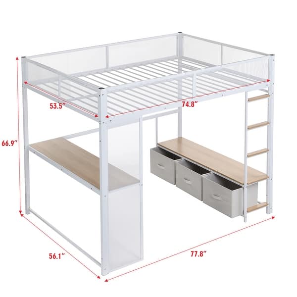 dimension image slide 0 of 2, Full Size Metal Gaming Loft Bed with 16-Color LED, Study Desk & 3 Storage Drawers (400lb Capacity)