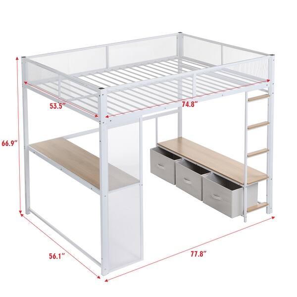 Metal Space-saving Gaming Loft Bed with LED, Desk, Open Wardrobe and 3 Linen Storage Drawers, Full Size, Black