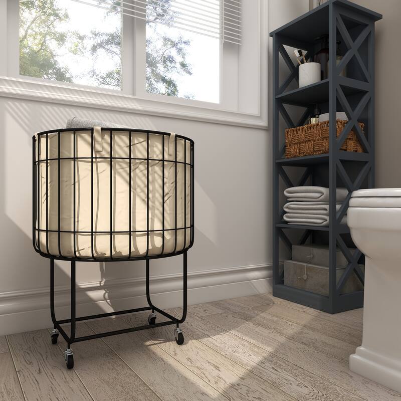 Black Metal Deep Set Wire Basket Storage Cart with Wheels and Fabric Lining