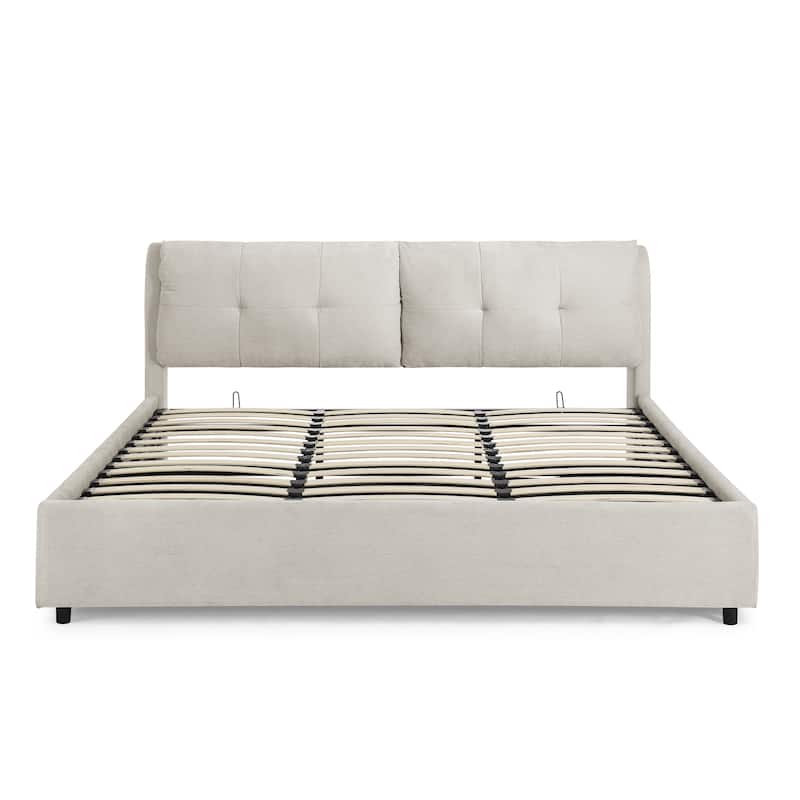 Chenille Storage Bed Frame, Hydraulic Lift Platform Bed with Under Bed Storage and Integrated Headboard, No Box Spring Needed