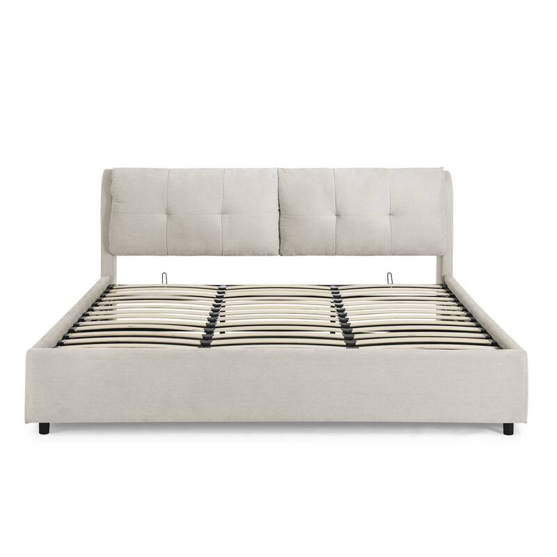 King Size Upholstered Hydraulic Platform Bed with Storage and Headboard, Chenille Fabric, Beige