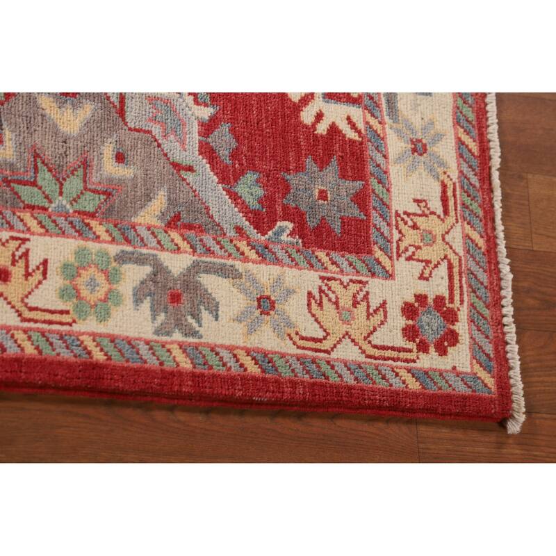 Red Kazak Accent Rug Handmade Geometric Wool Carpet - 3'4"x 4'8"