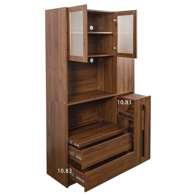 Roomfitters Kitchen Pantry Cabinet with Pull-Out Storage Shelf, Microwave Stand and 2 Drawers, Freestanding Food Hutch, Walnut