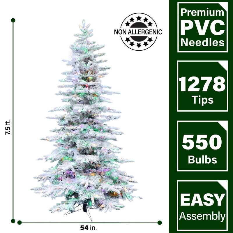 Fraser Hill Farm 7.5-Ft. Flocked Pine Valley Christmas Tree with Multi-Color LED String Lighting